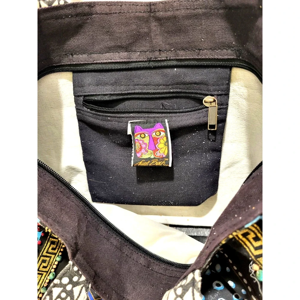 Laurel Burch Black Cotton Cat Tote Bead Trim Gold Braid Double Handles 16x9x4.5